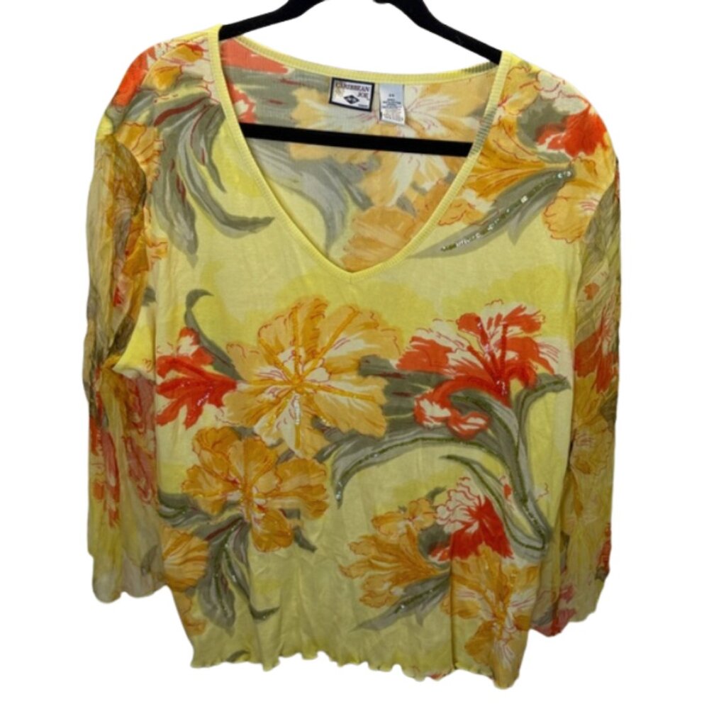 Caribbean Joe Yellow Floral Sheer Knit Top Size 2X